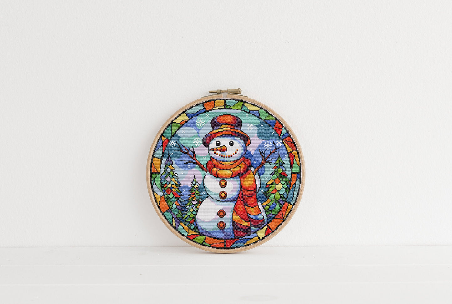 Stained Glass Snowman Christmas Cross Stitch Pattern