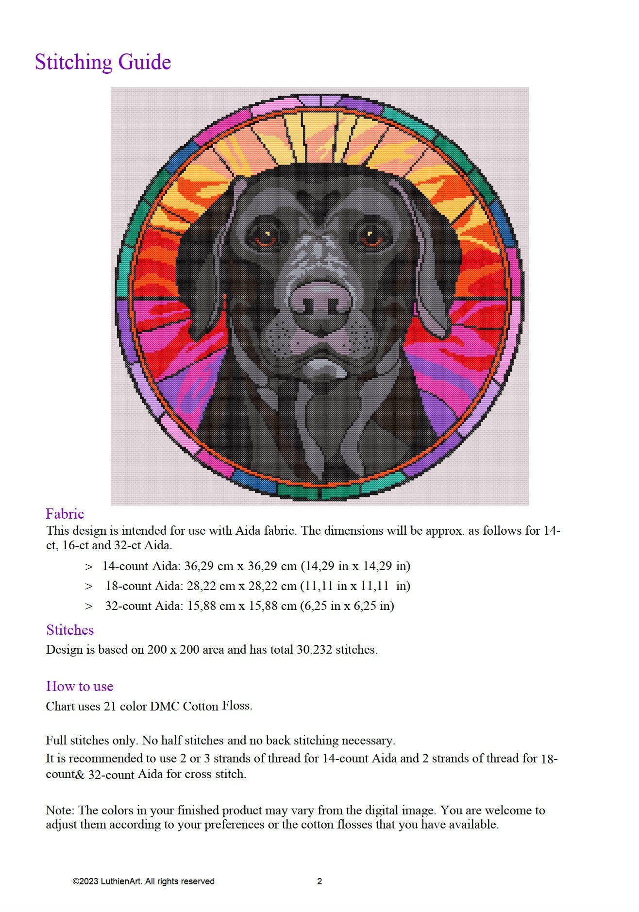 Stained Glass Black Labrador Retriever Cross Stitch Pattern