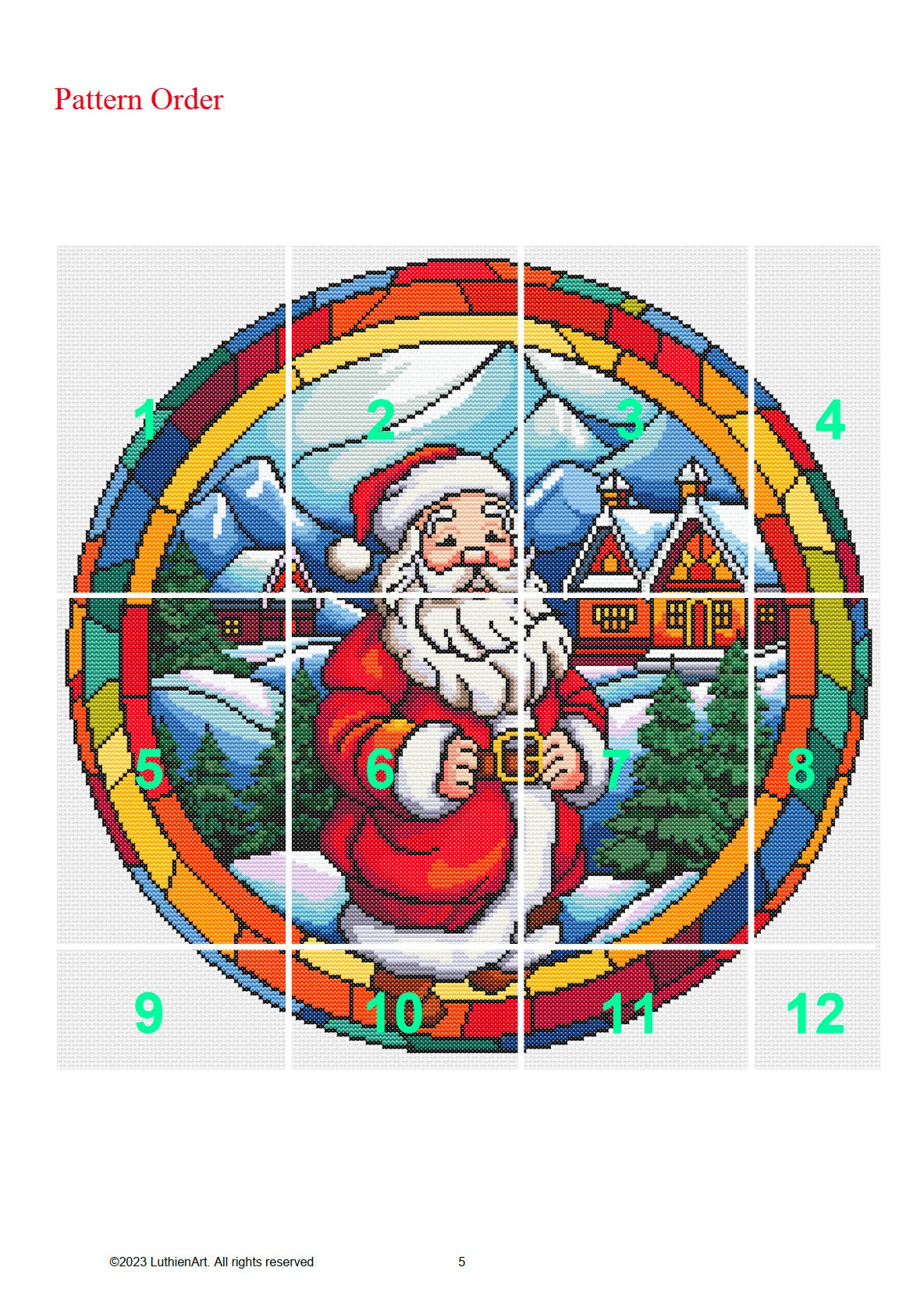 Stained Glass Santa Christmas Cross Stitch Pattern