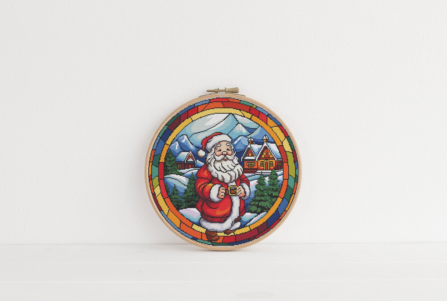 Stained Glass Santa Christmas Cross Stitch Pattern