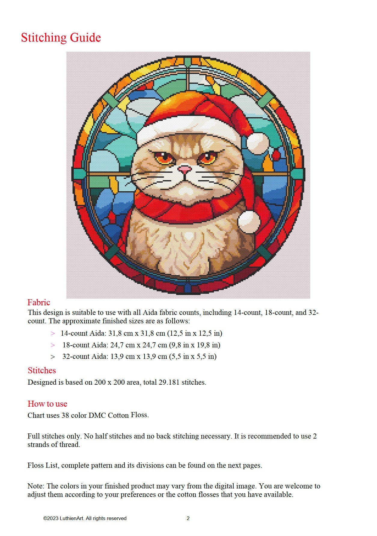 Stained Glass Grumpy Christmas Cat Cross Stitch Pattern