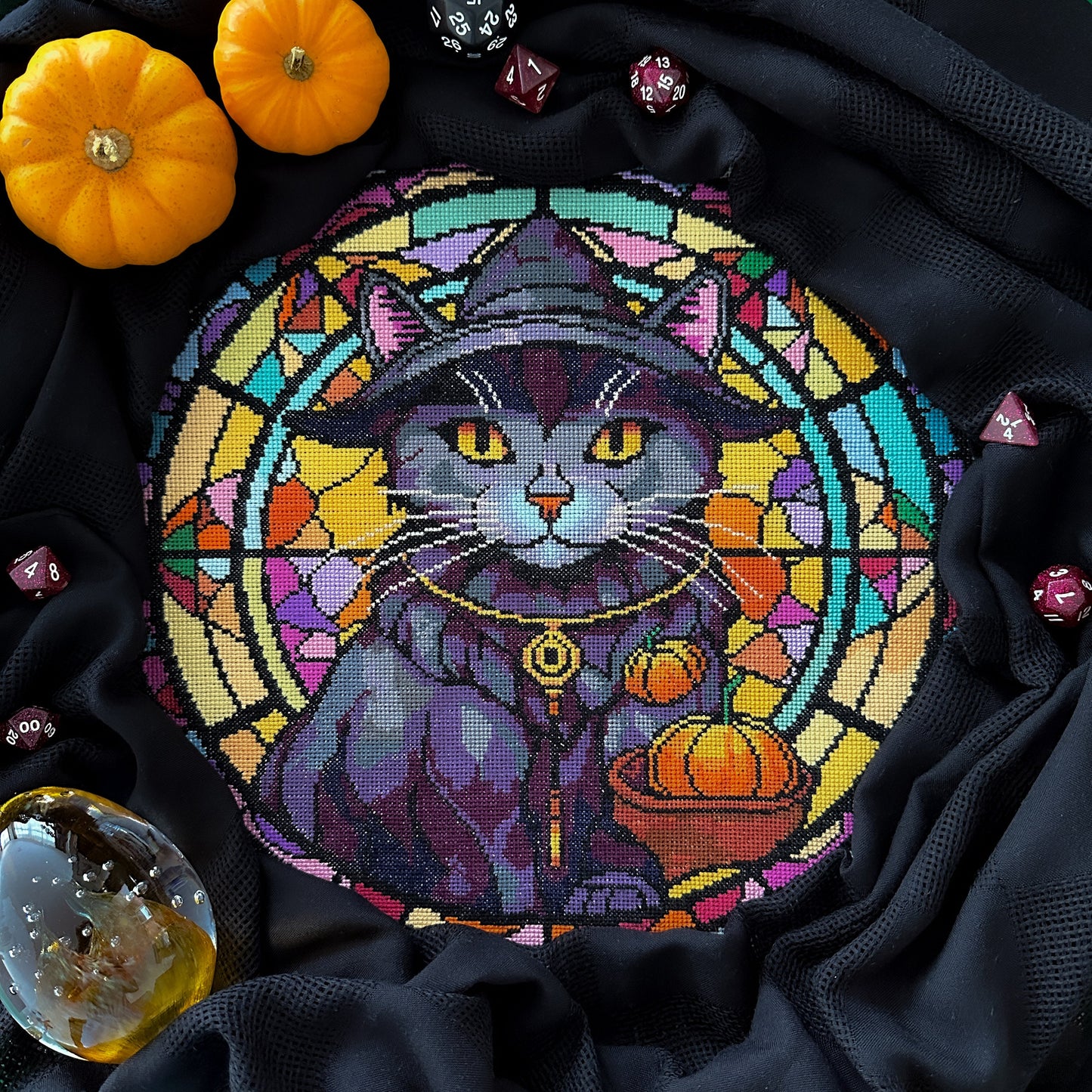 Stained Glass Witchy Cat Cross Stitch Pattern