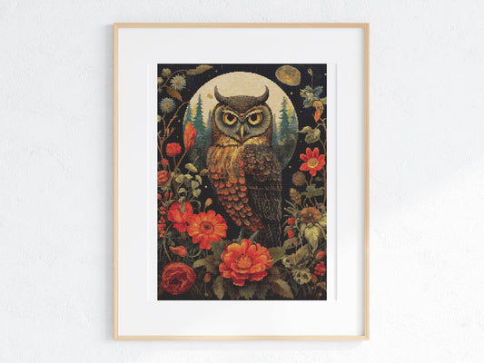 Gothic Botanical Animals Owl Cross Stitch Chart