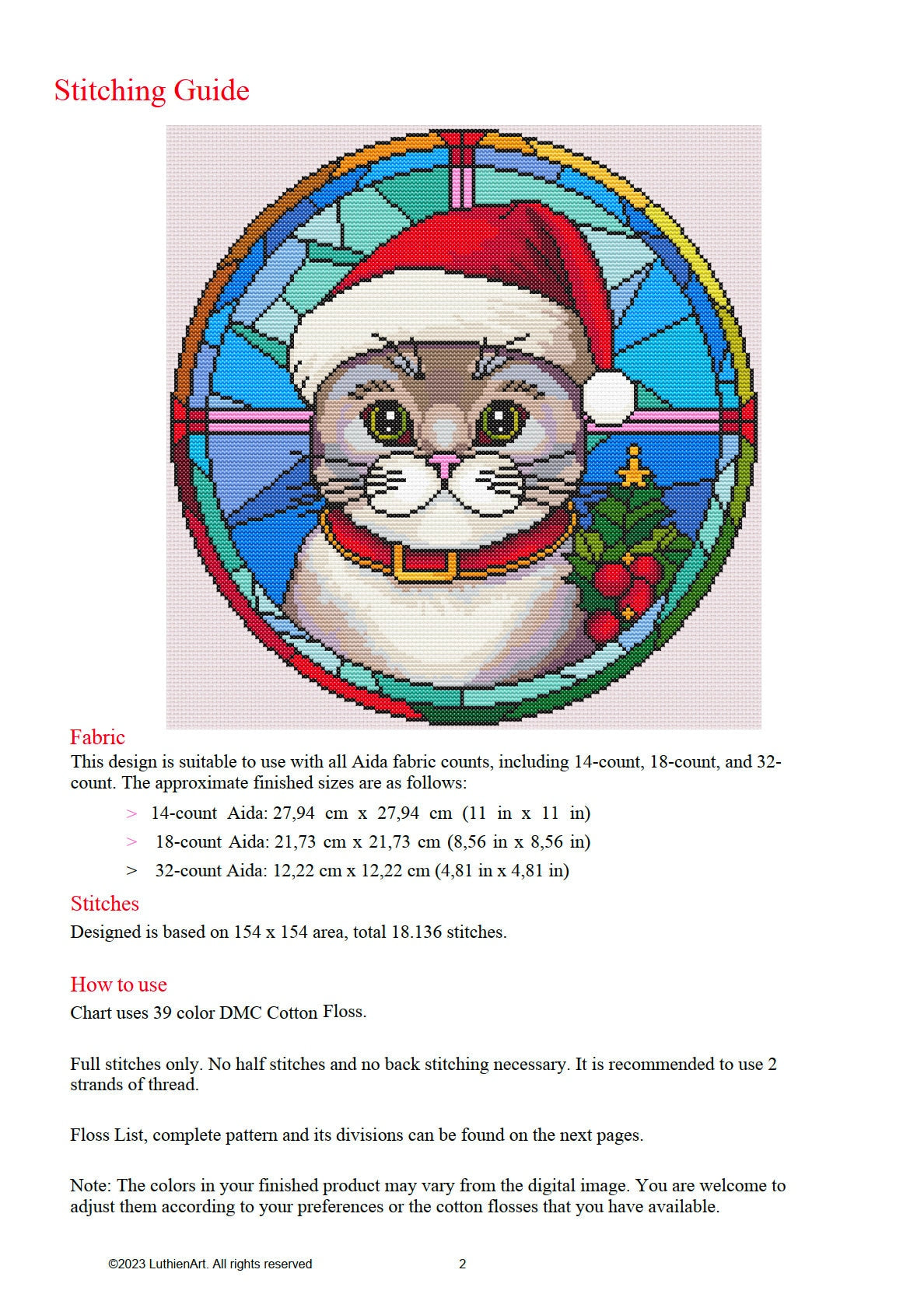 Stained Glass Peppy Christmas Cat Cross Stitch Pattern