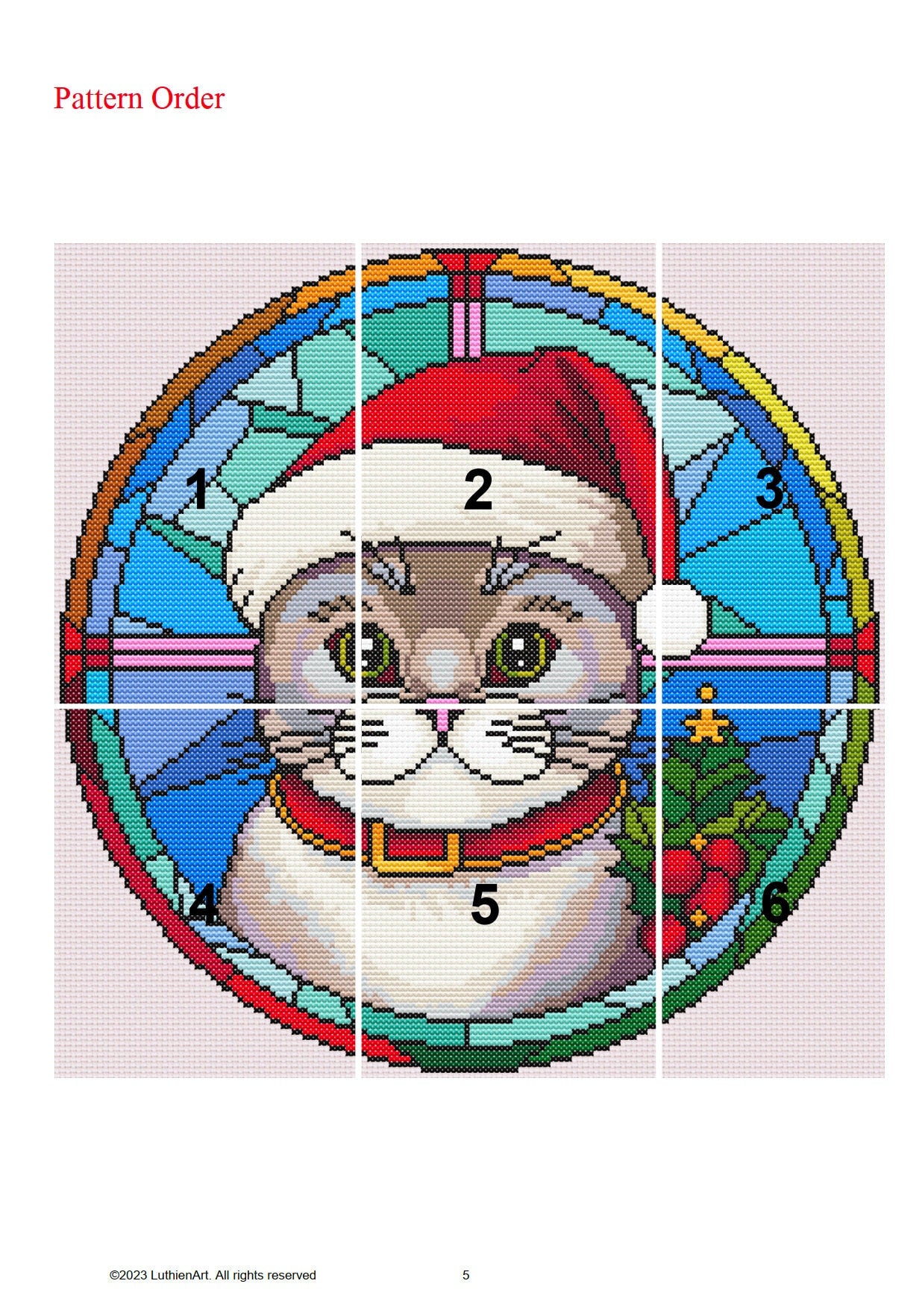 Stained Glass Peppy Christmas Cat Cross Stitch Pattern