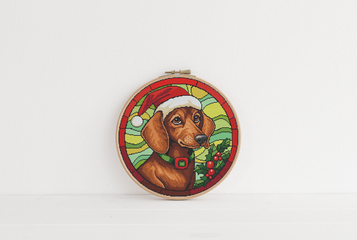 Stained Glass Christmas Dachshund Cross Stitch Pattern