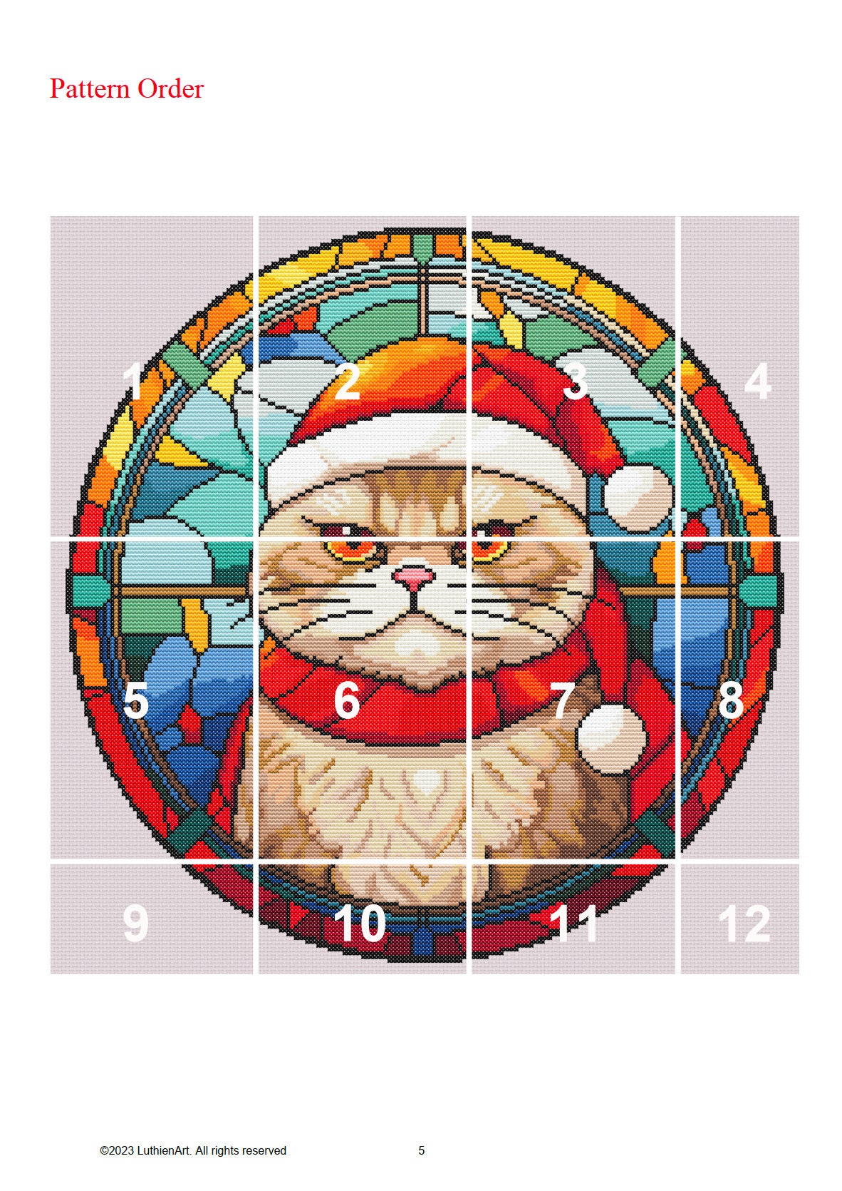 Stained Glass Grumpy Christmas Cat Cross Stitch Pattern