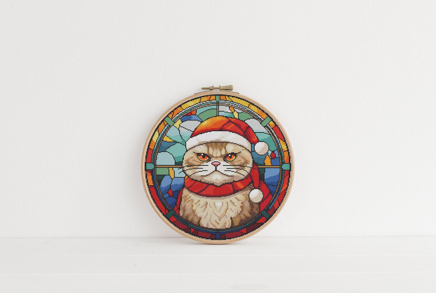 Stained Glass Grumpy Christmas Cat Cross Stitch Pattern