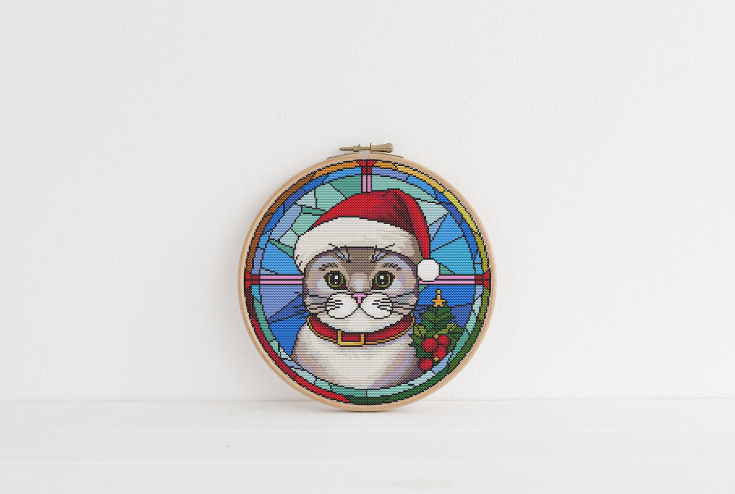 Stained Glass Peppy Christmas Cat Cross Stitch Pattern