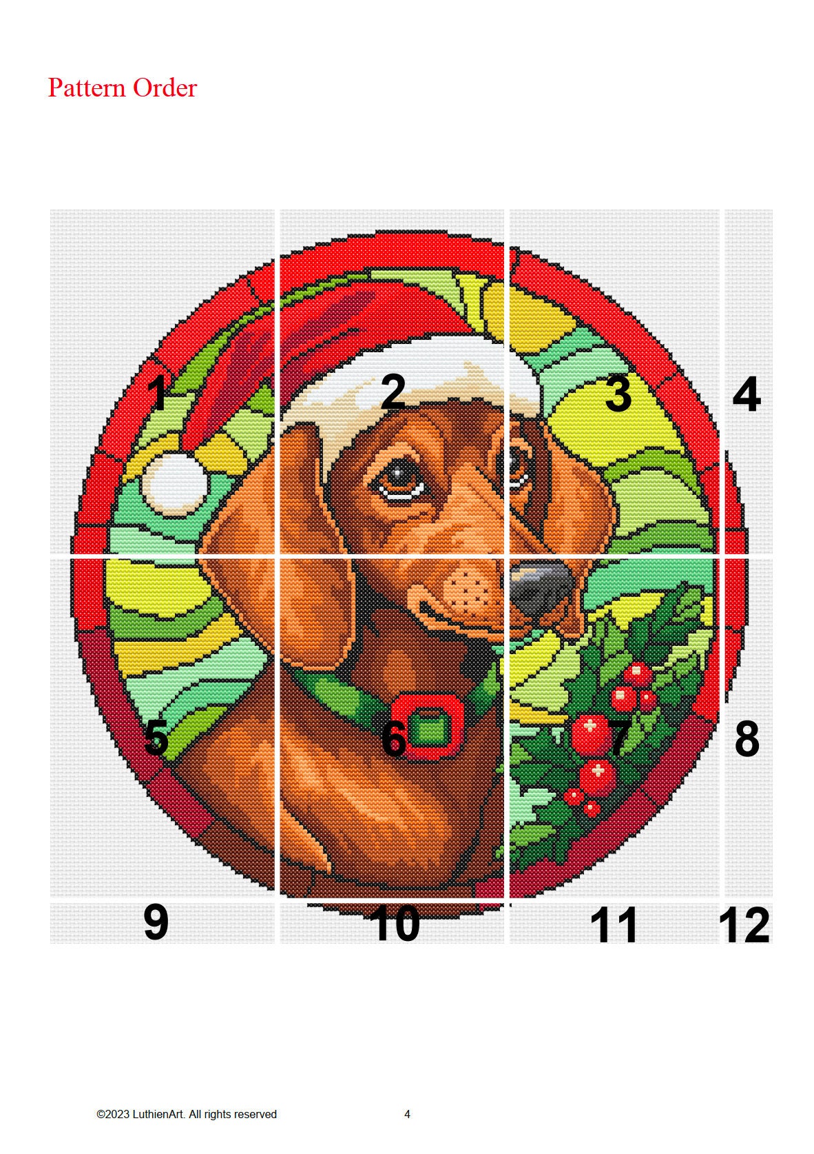 Stained Glass Christmas Dachshund Cross Stitch Pattern