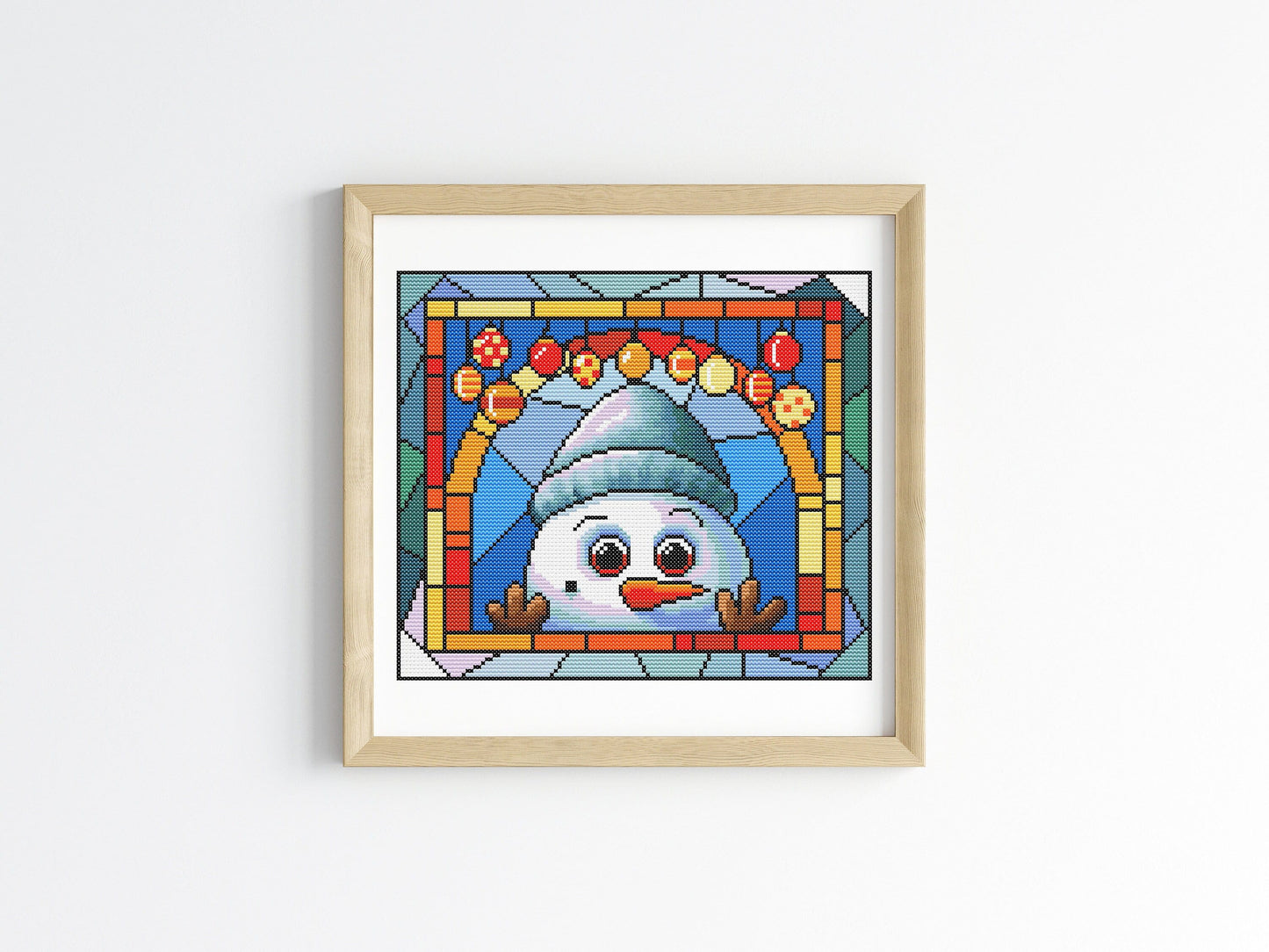 Stained Glass Snow Man Christmas Peeking Cross Stitch Pattern