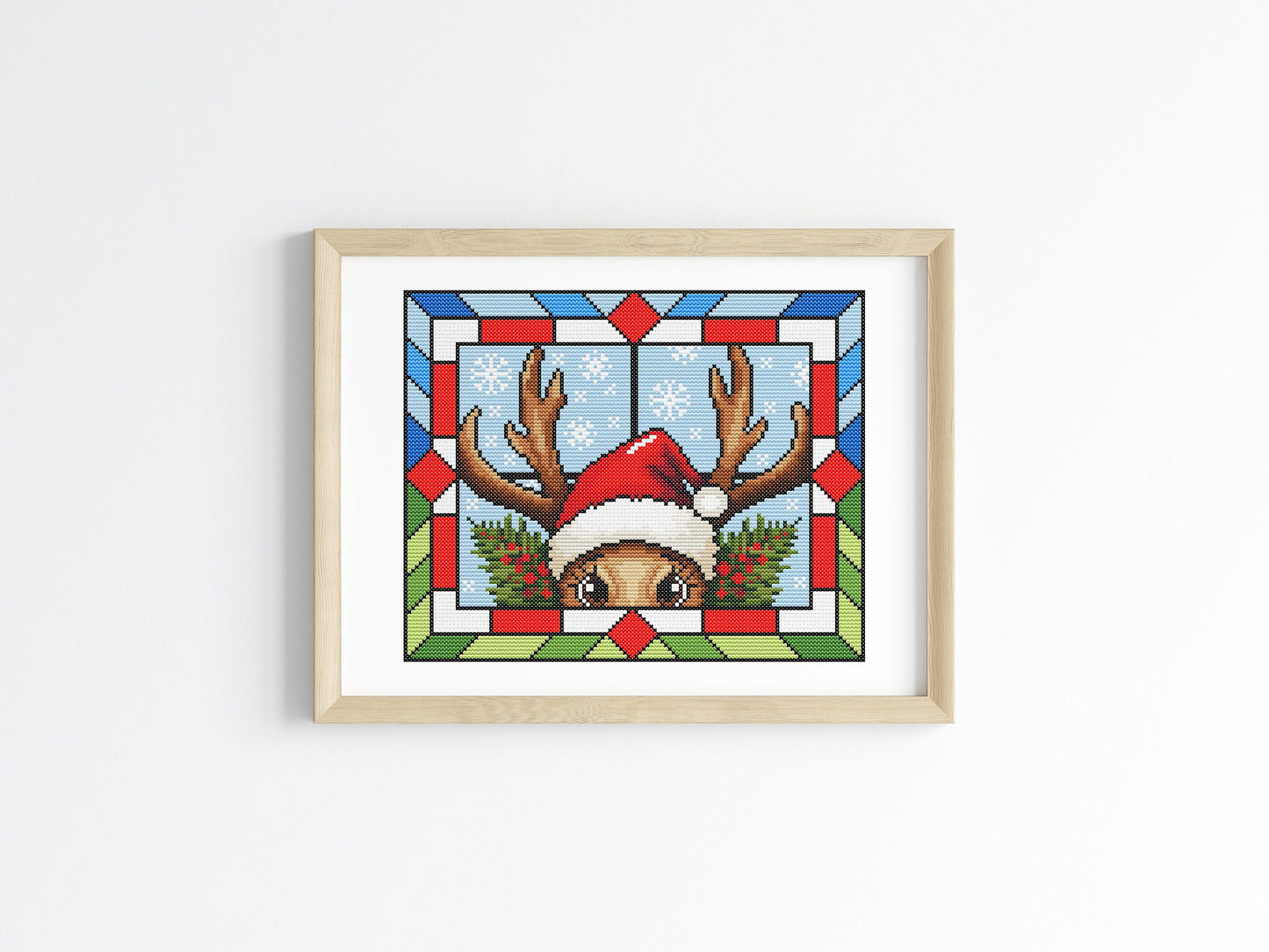 Stained Glass Rudolph The Reindeer Christmas Peeking Cross Stitch Pattern