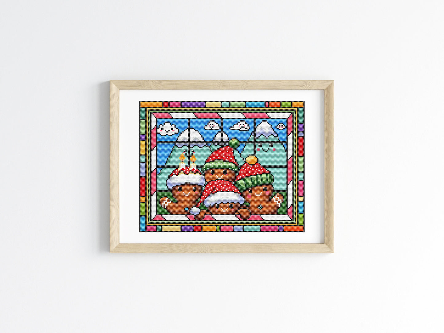 Stained Glass Gingerbread Christmas Peeking Cross Stitch Pattern