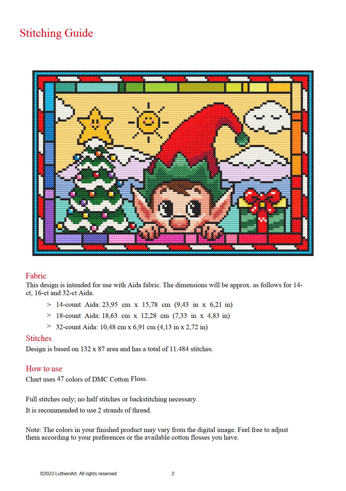 Stained Glass Elf Christmas Peeking Cross Stitch Pattern