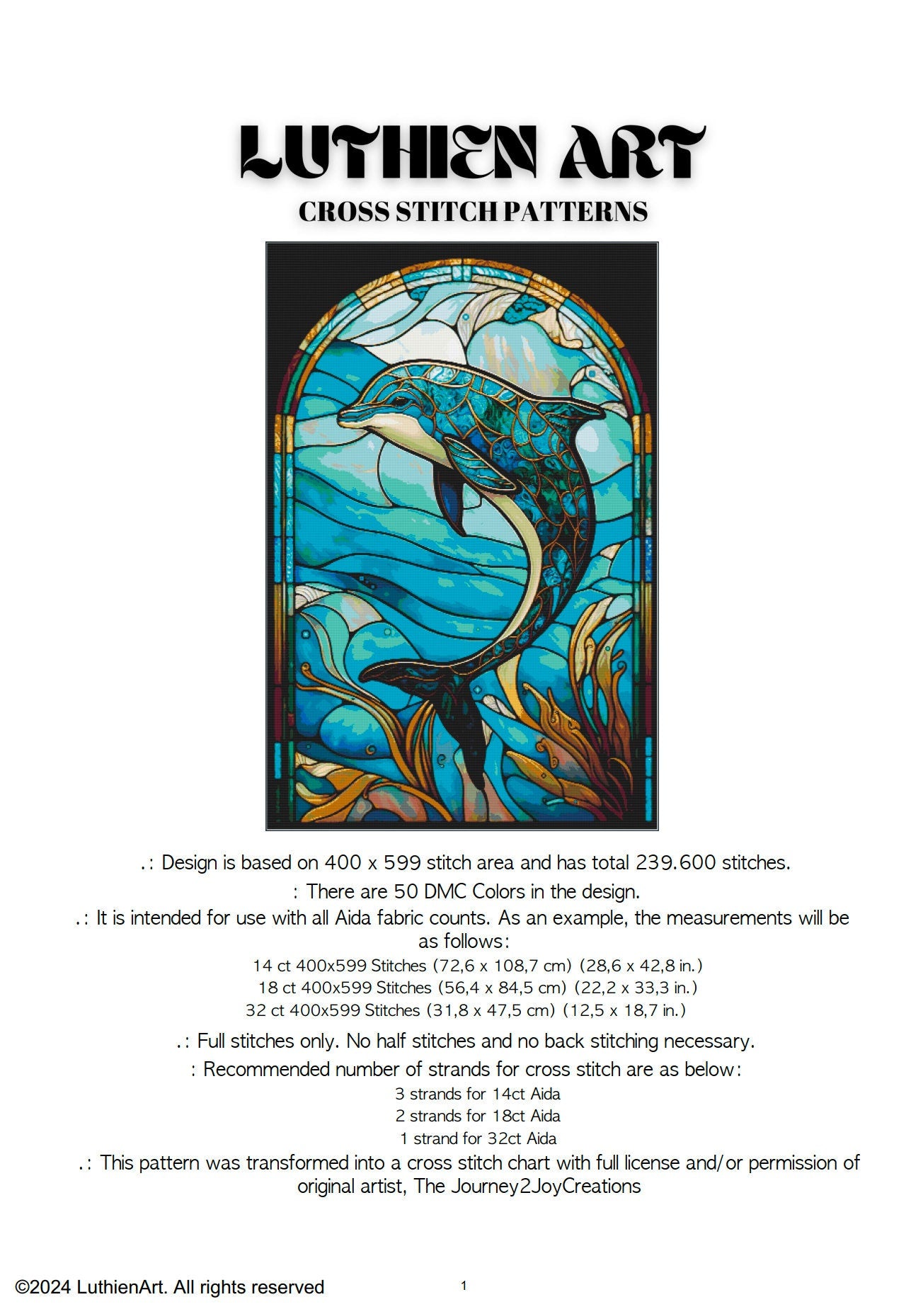 Stained Glass Ocean Collection Dolphin Cross Stitch Chart