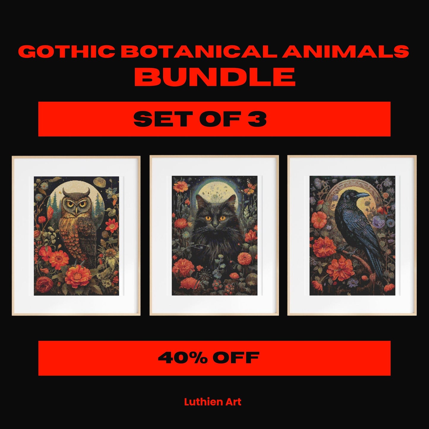 Set of 3 BUNDLE Gothic Botanical Animals Cross Stitch Chart