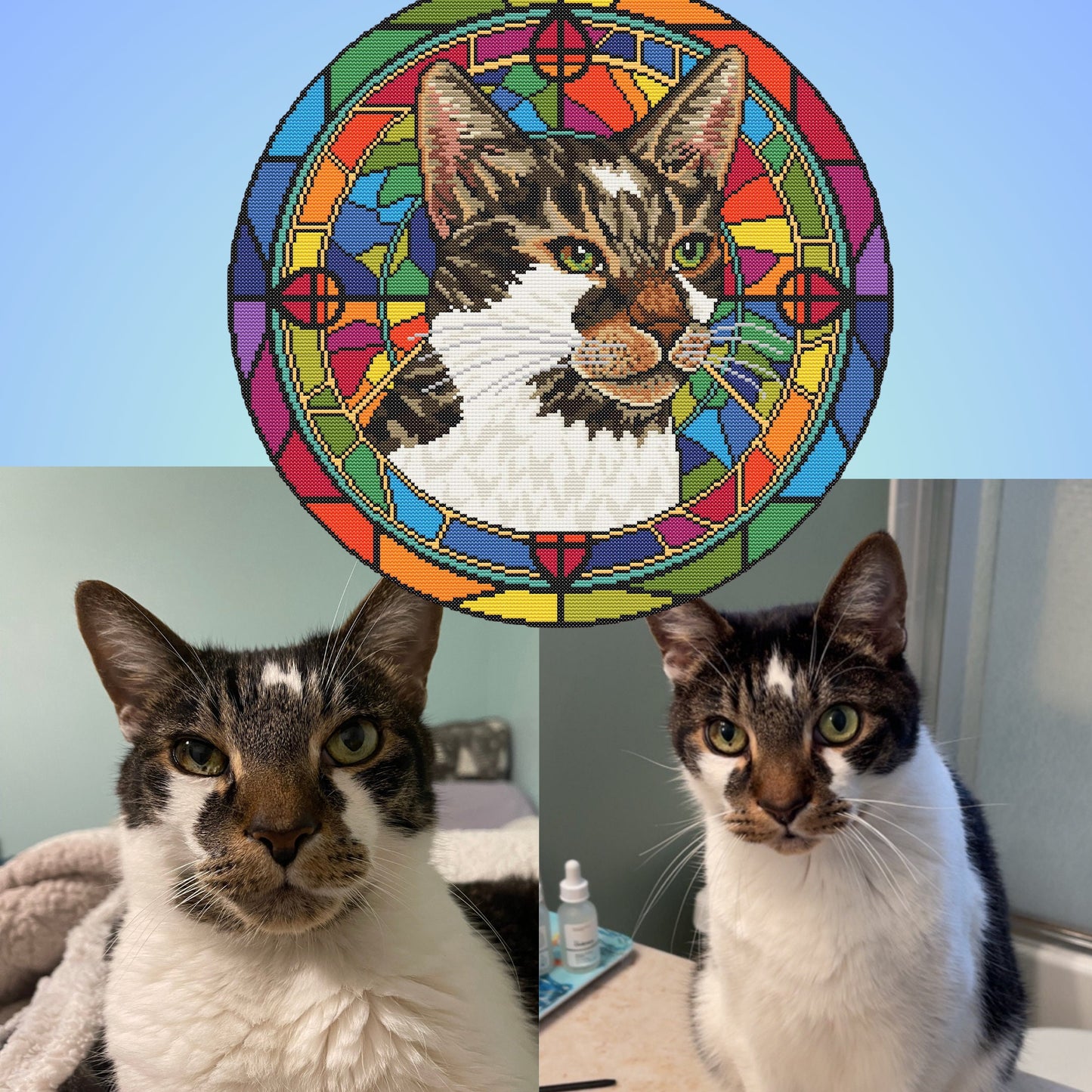 Custom Stained Glass Cat and Dog Portrait Cross Stitch Pattern