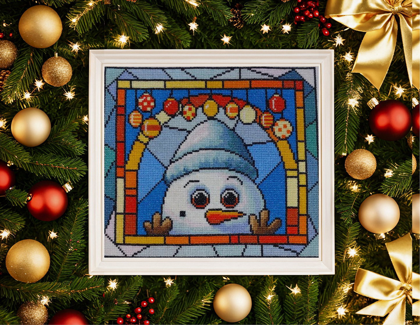 Stained Glass Snow Man Christmas Peeking Cross Stitch Pattern