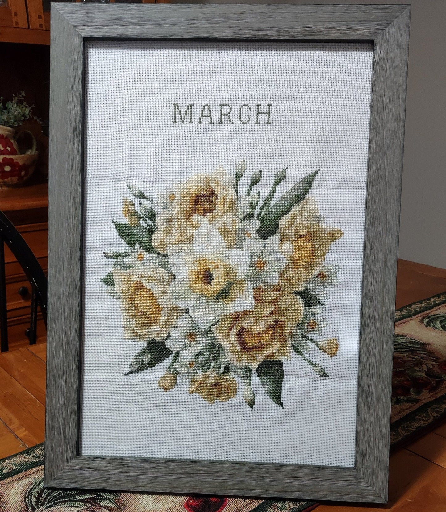 Vintage March Birth Month Flower Cross Stitch Sampler