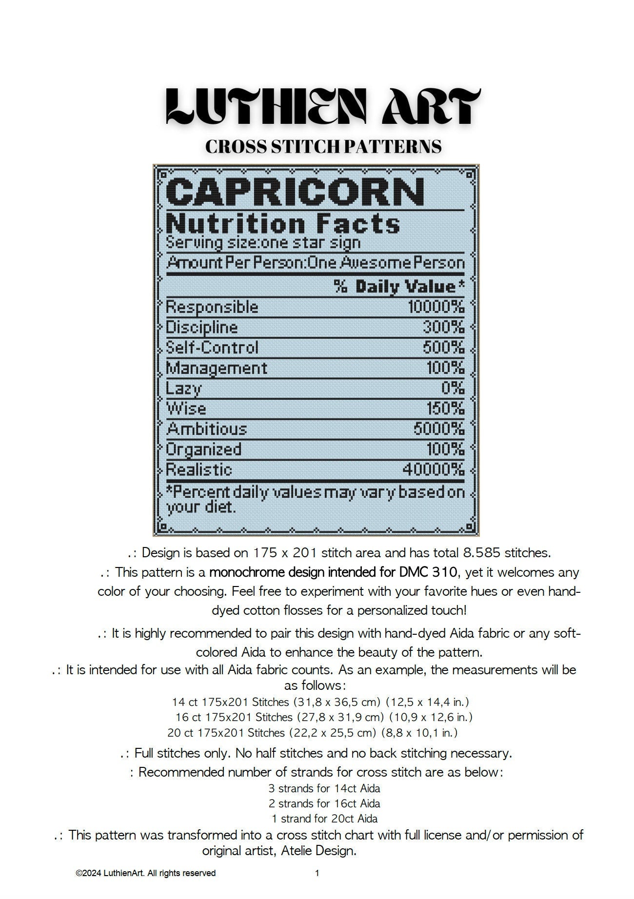 Zodiac Nutrition Facts Capricorn Cross Stitch Pattern