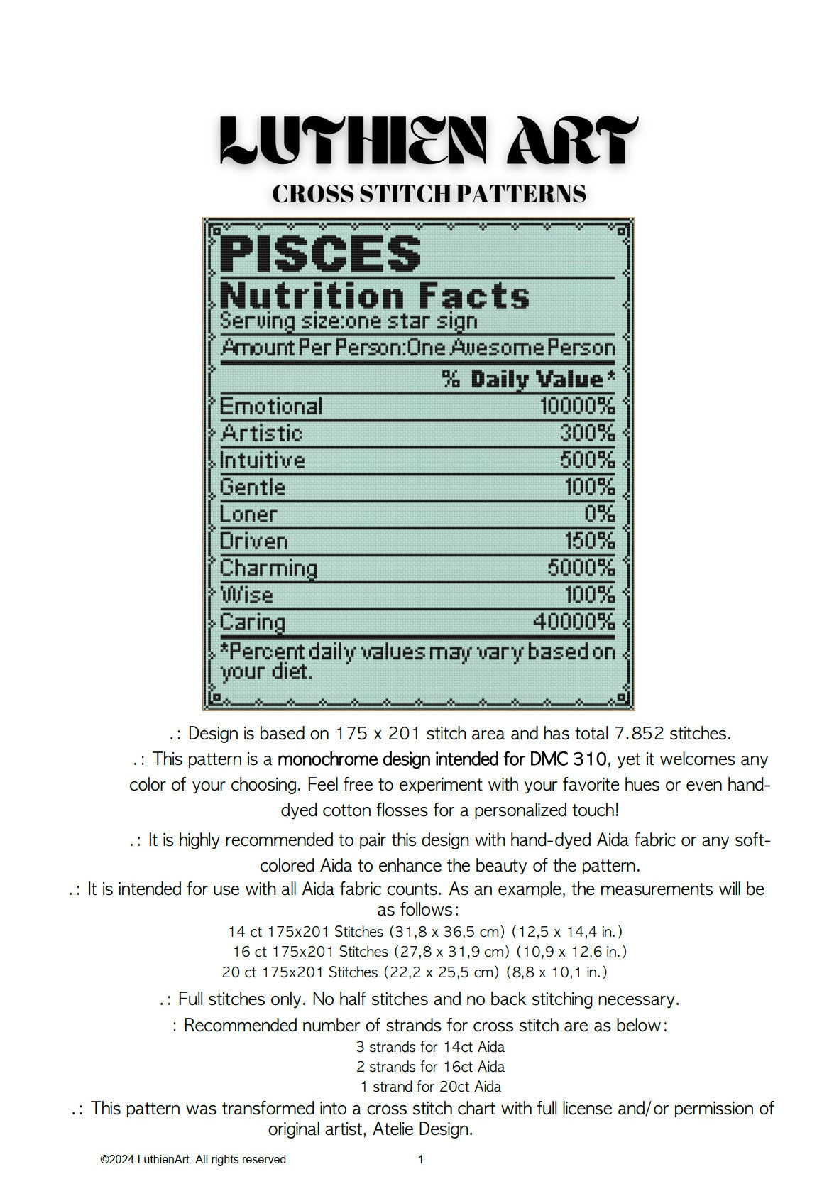 Zodiac Nutrition Facts Pisces Cross Stitch Pattern