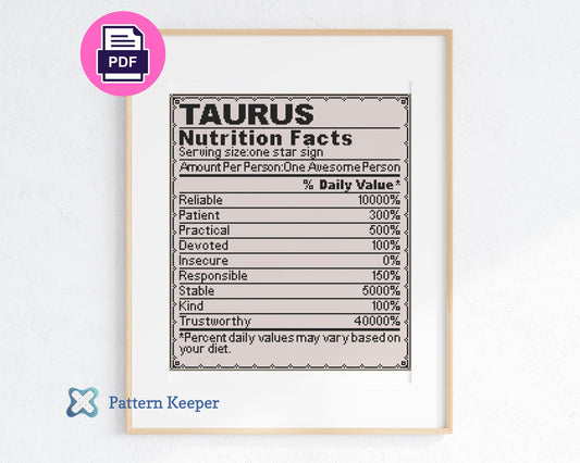 Zodiac Nutrition Facts Taurus Cross Stitch Pattern