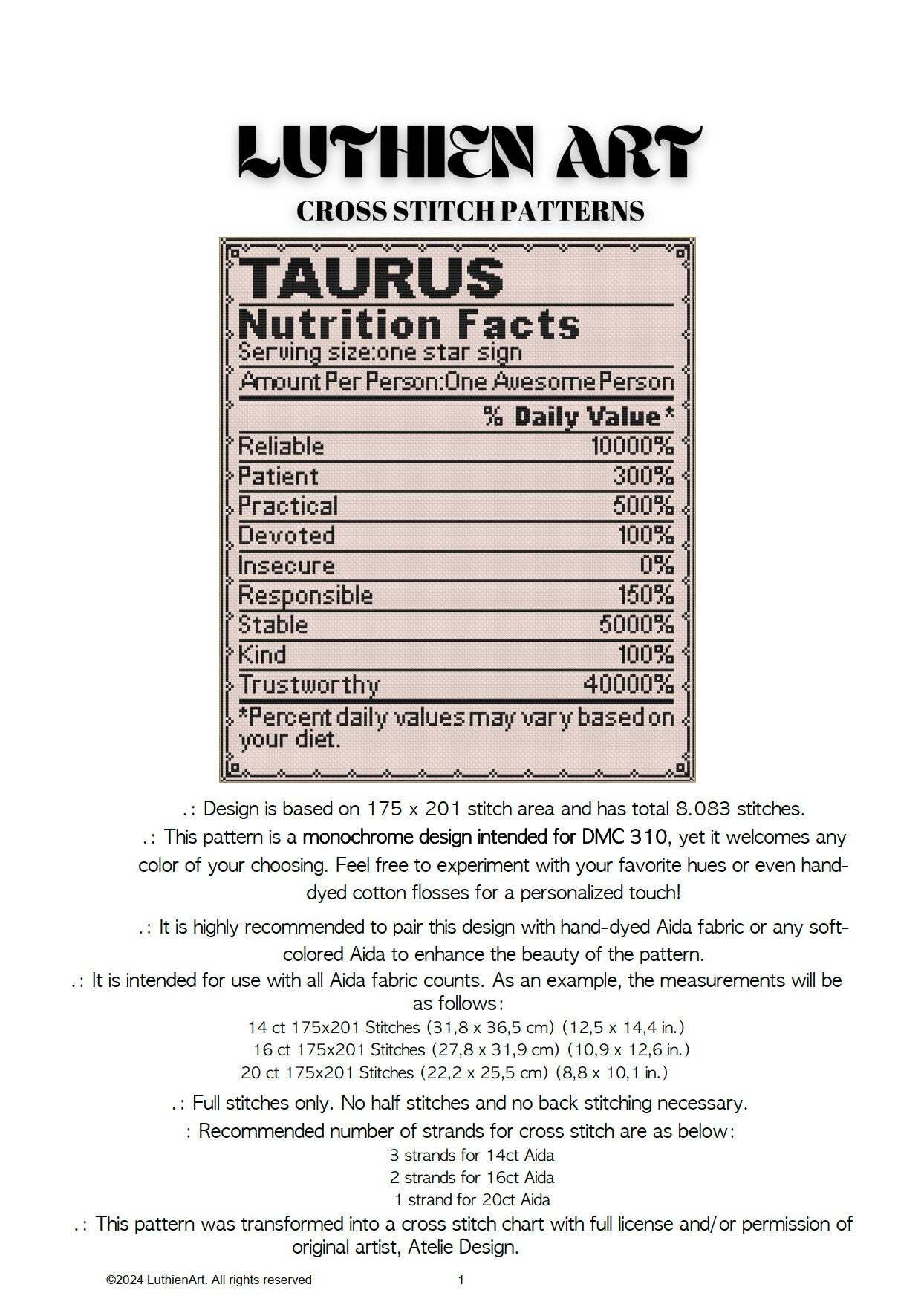 Zodiac Nutrition Facts Taurus Cross Stitch Pattern