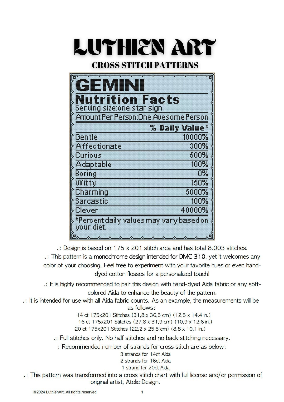 Zodiac Nutrition Facts Gemini Cross Stitch Pattern