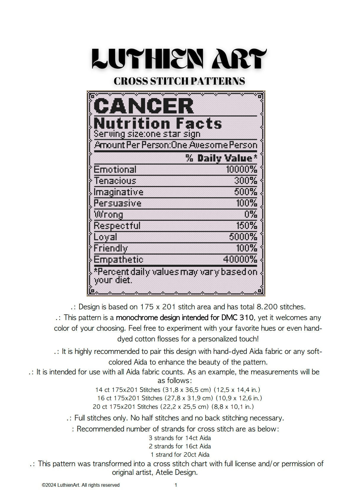 Zodiac Nutrition Facts Cancer Cross Stitch Pattern