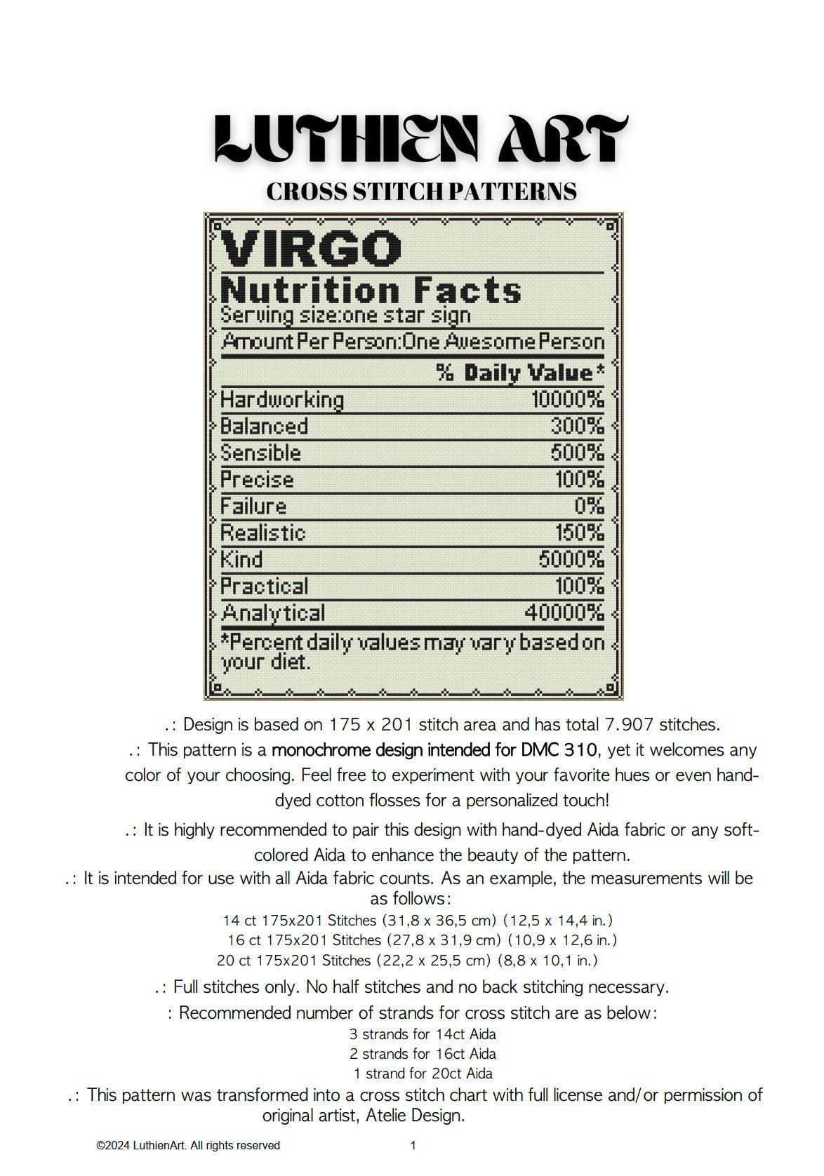 Zodiac Nutrition Facts Virgo Cross Stitch Pattern