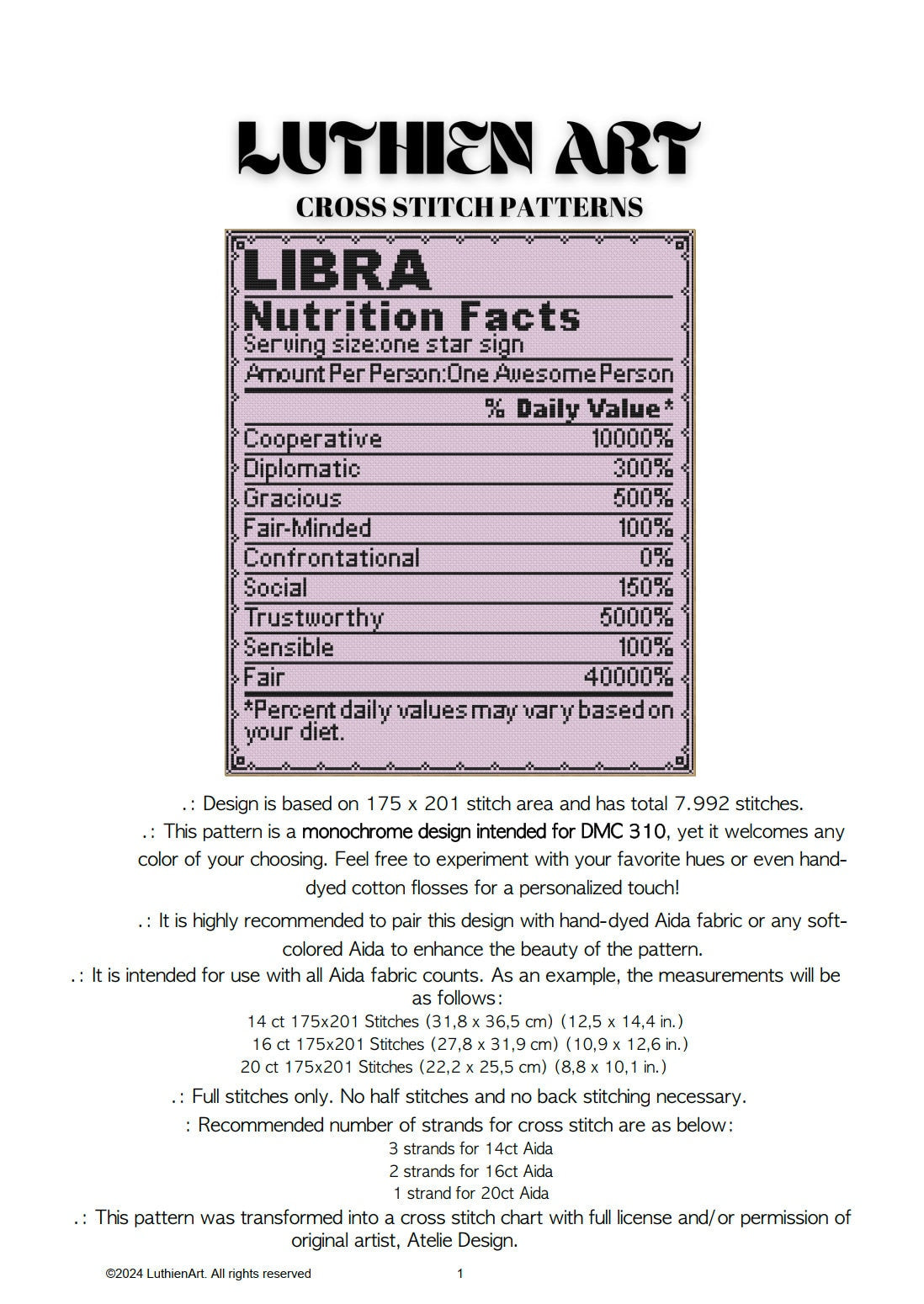 Zodiac Nutrition Facts Libra Cross Stitch Pattern