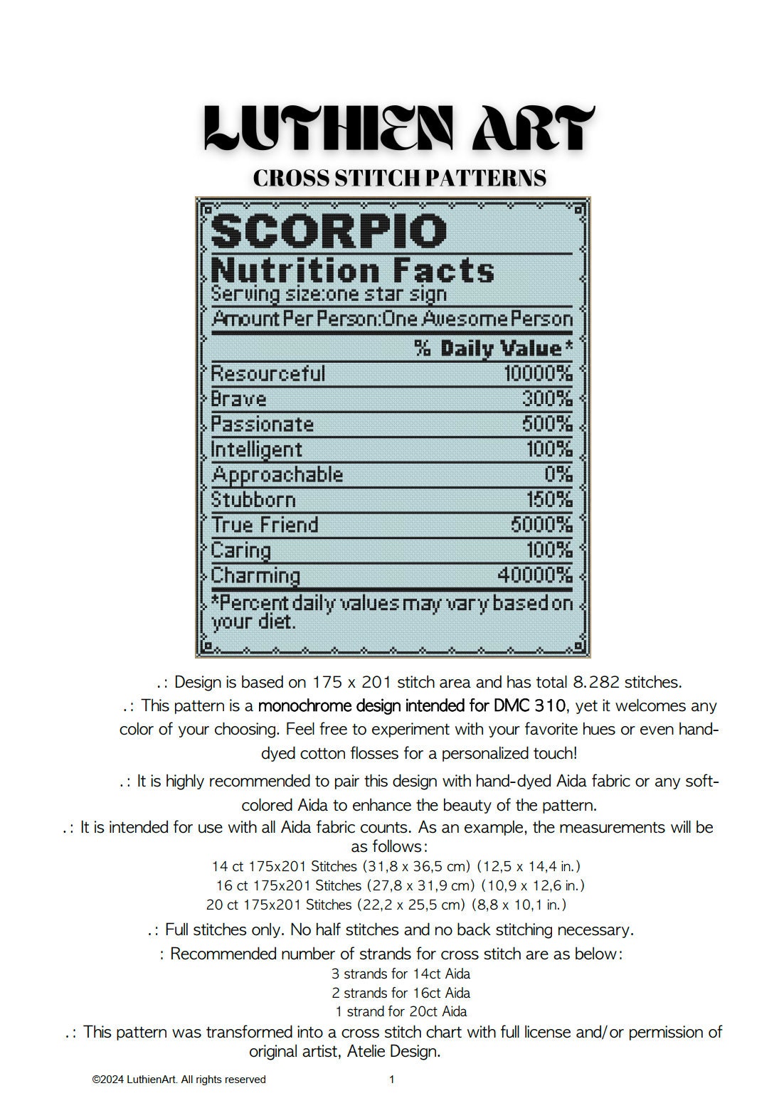 Zodiac Nutrition Facts Scorpio Cross Stitch Pattern