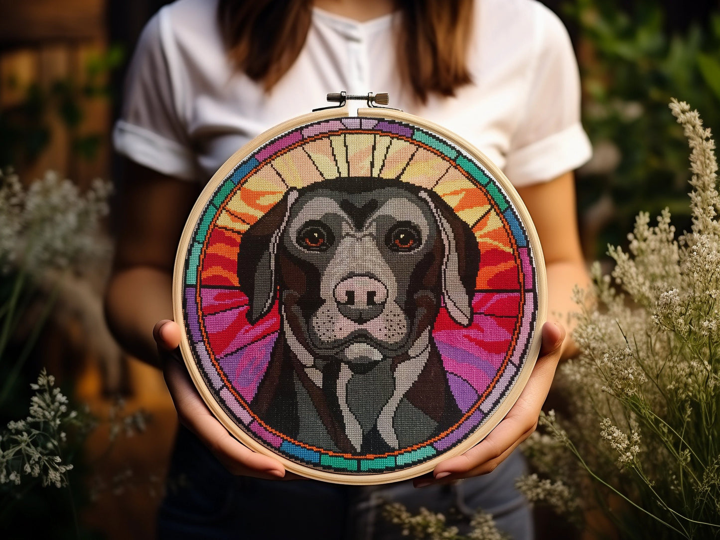 Stained Glass Black Labrador Retriever Cross Stitch Pattern