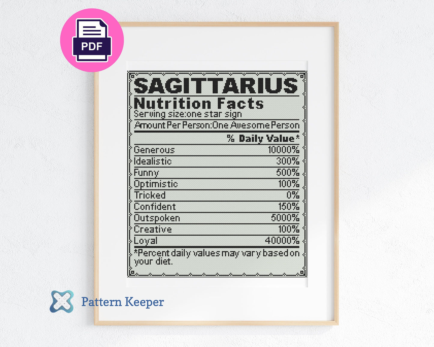 Zodiac Nutrition Facts Sagittarius Cross Stitch Pattern