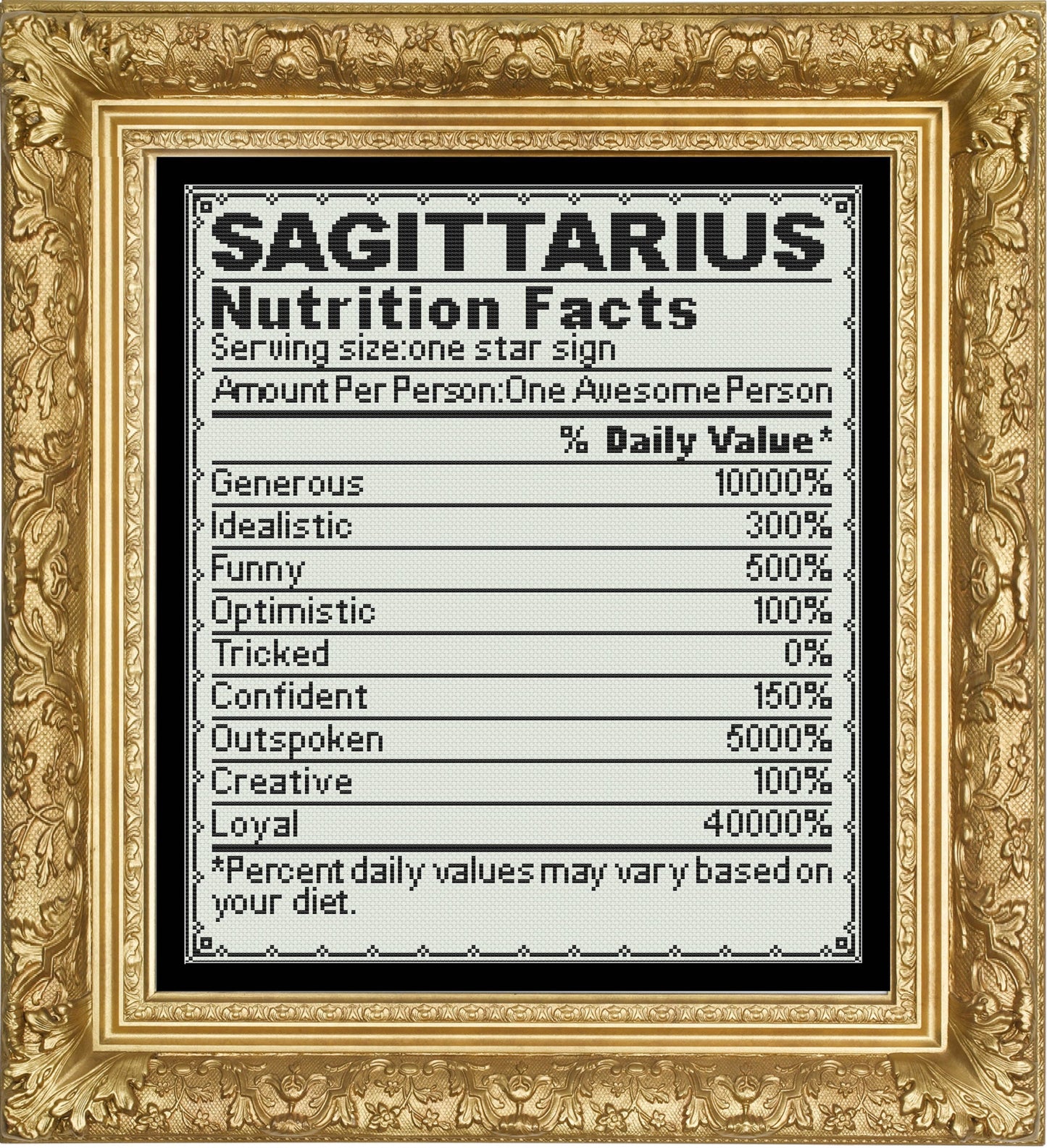 Zodiac Nutrition Facts Sagittarius Cross Stitch Pattern