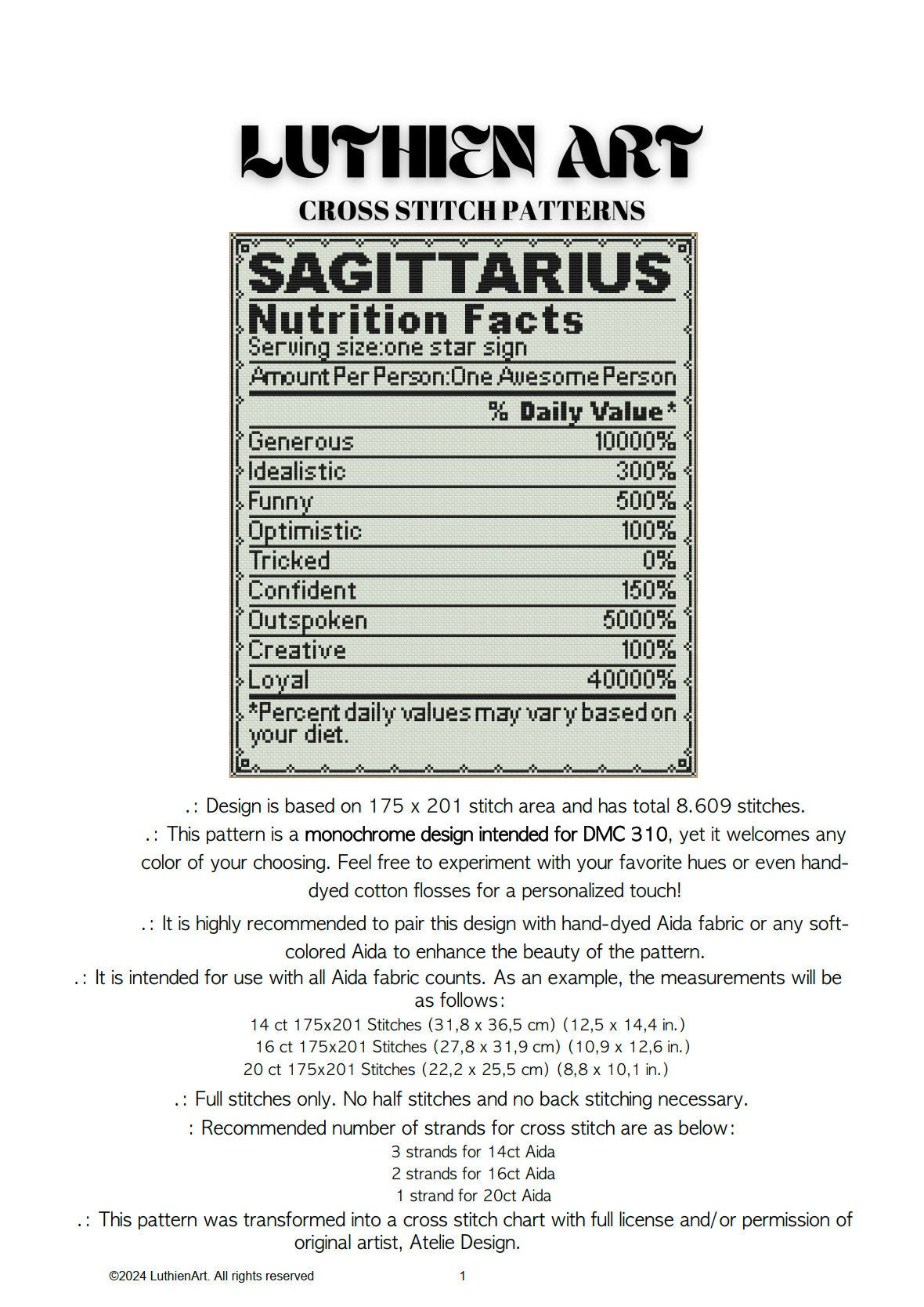 Zodiac Nutrition Facts Sagittarius Cross Stitch Pattern