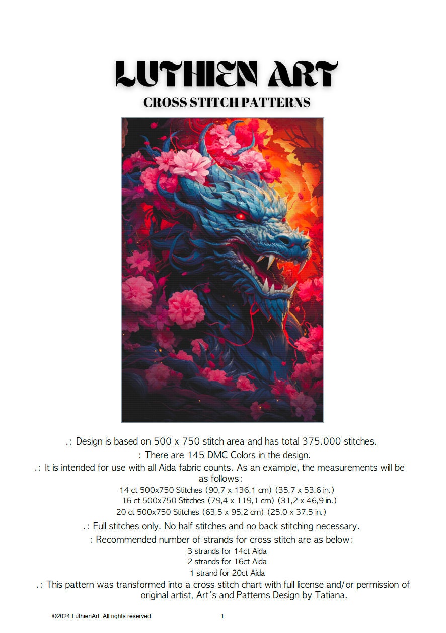 Dragon of Flames and Roses Cross Stitch Chart