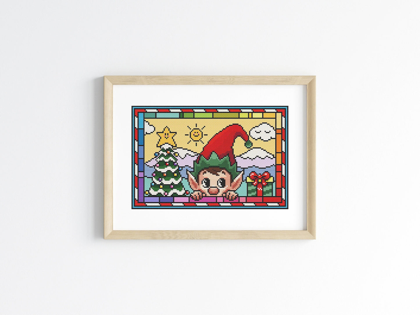 Stained Glass Elf Christmas Peeking Cross Stitch Pattern