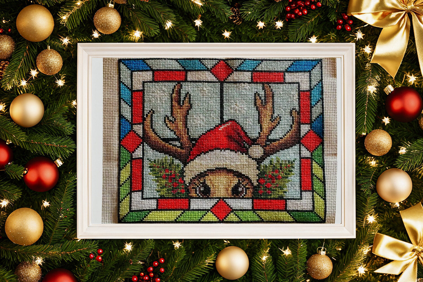 Stained Glass Rudolph The Reindeer Christmas Peeking Cross Stitch Pattern