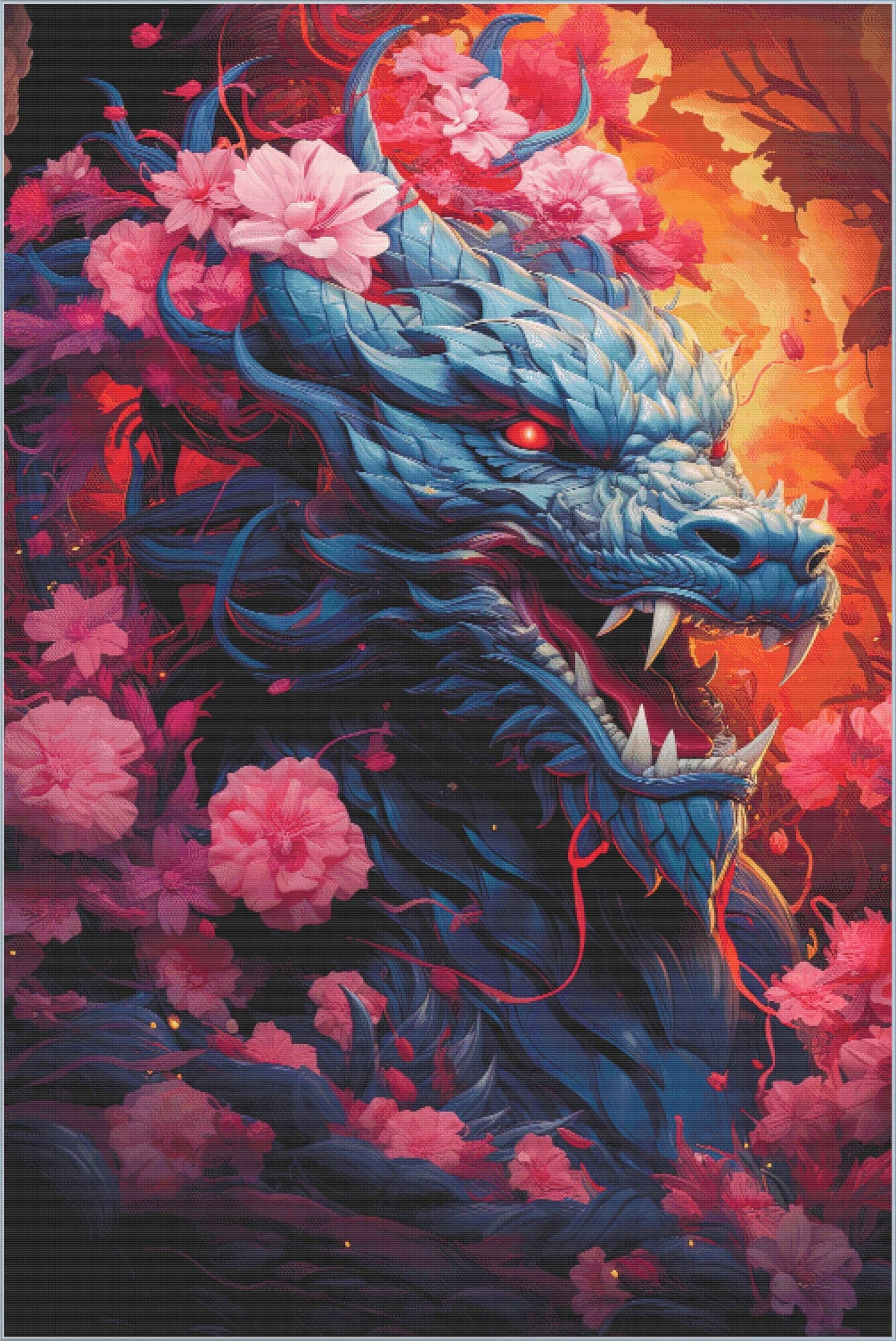 Dragon of Flames and Roses Cross Stitch Chart