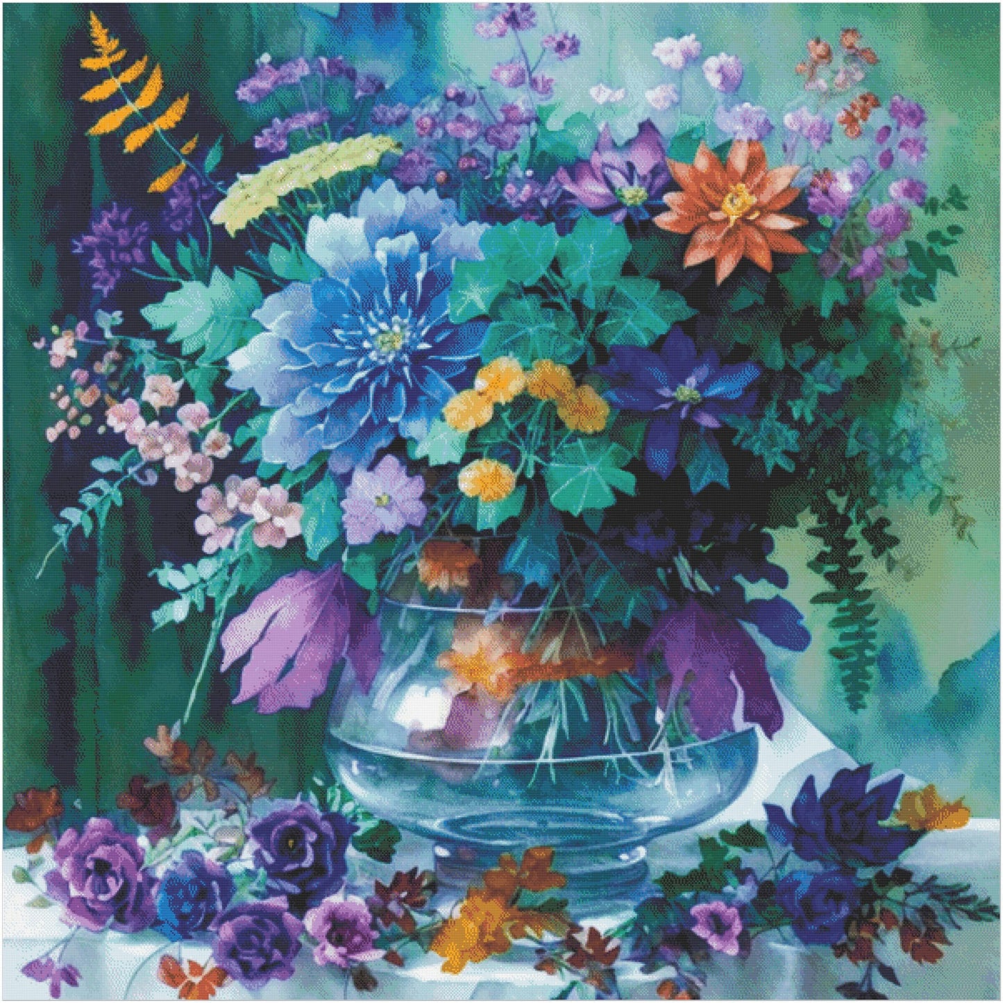 Watercolor Blue and Purple Flowers Cross Stitch Chart