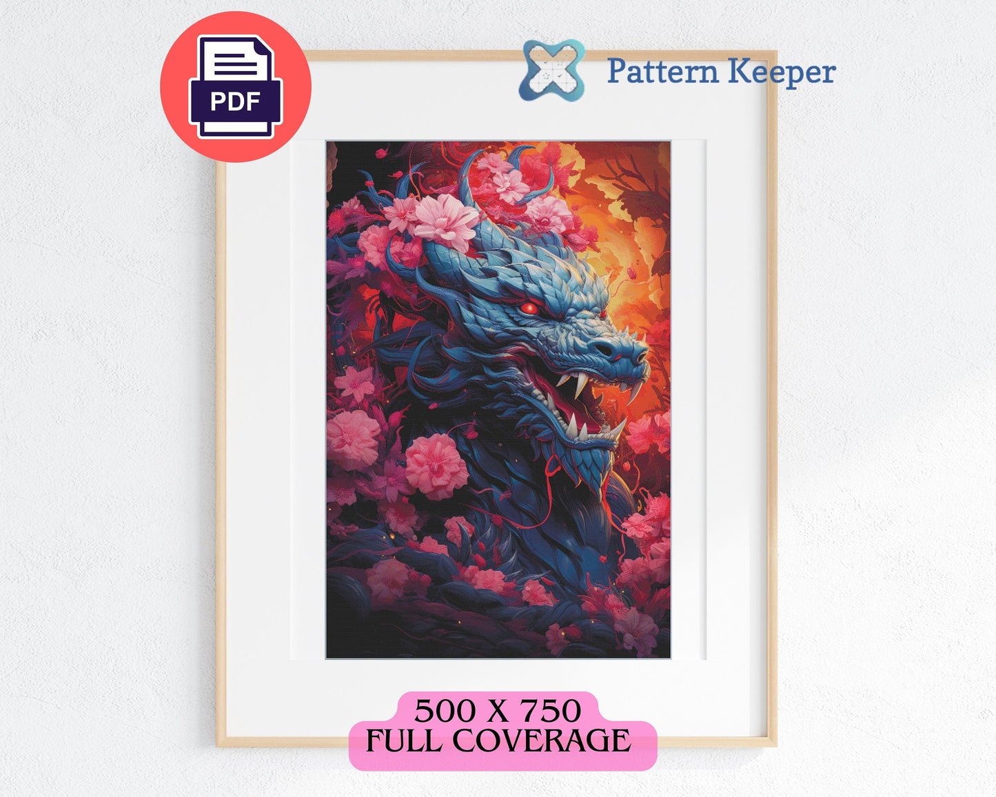 Dragon of Flames and Roses Cross Stitch Chart