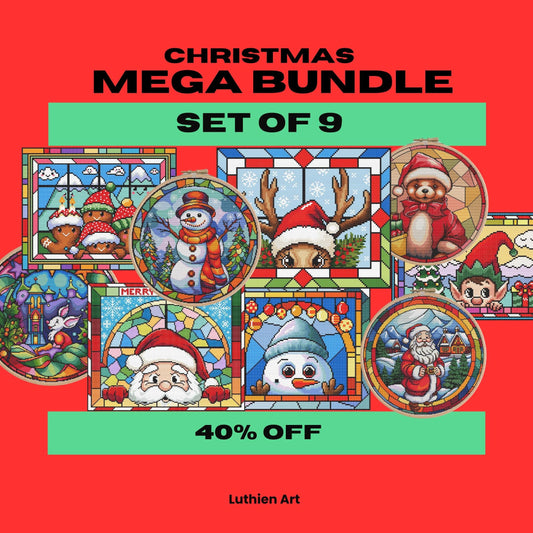 Set of 9 BUNDLE Stained Glass Christmas Cross Stitch Patterns