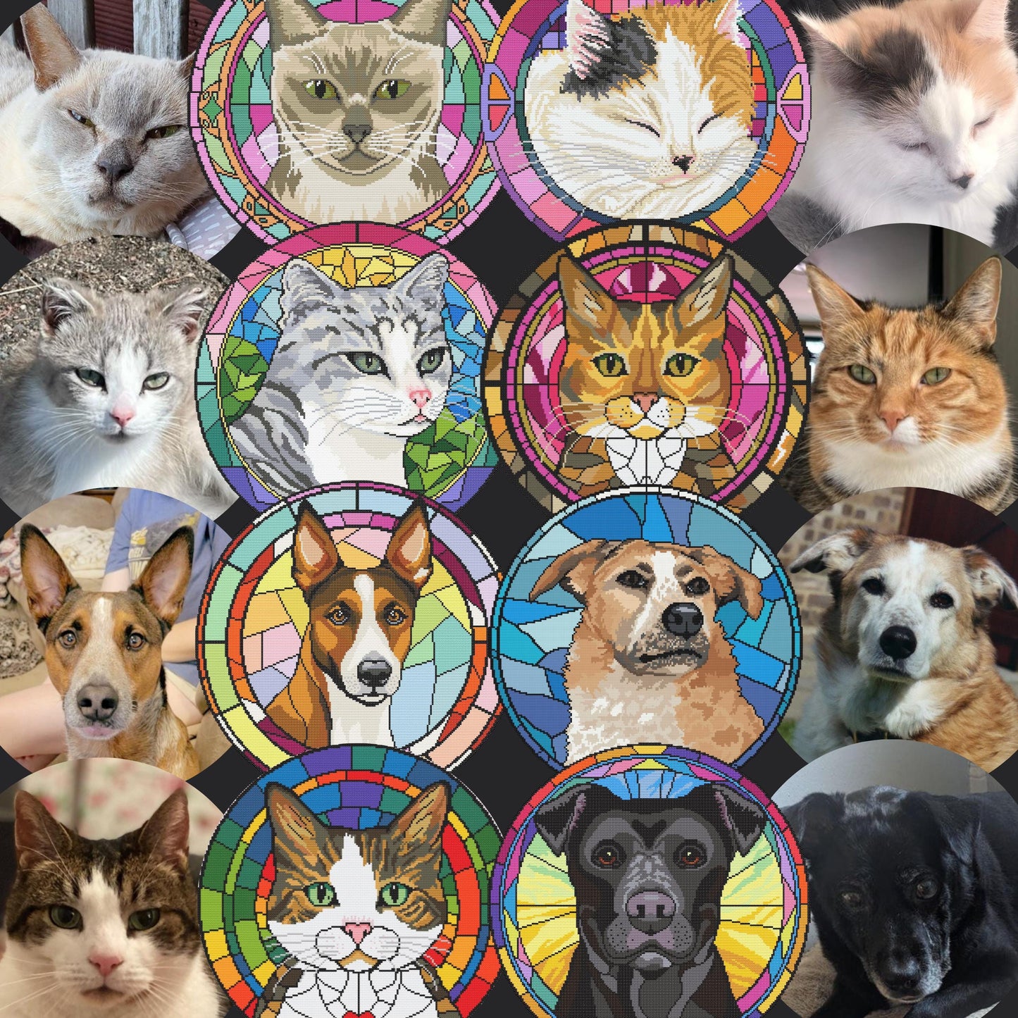 Custom Stained Glass Cat and Dog Portrait Cross Stitch Pattern