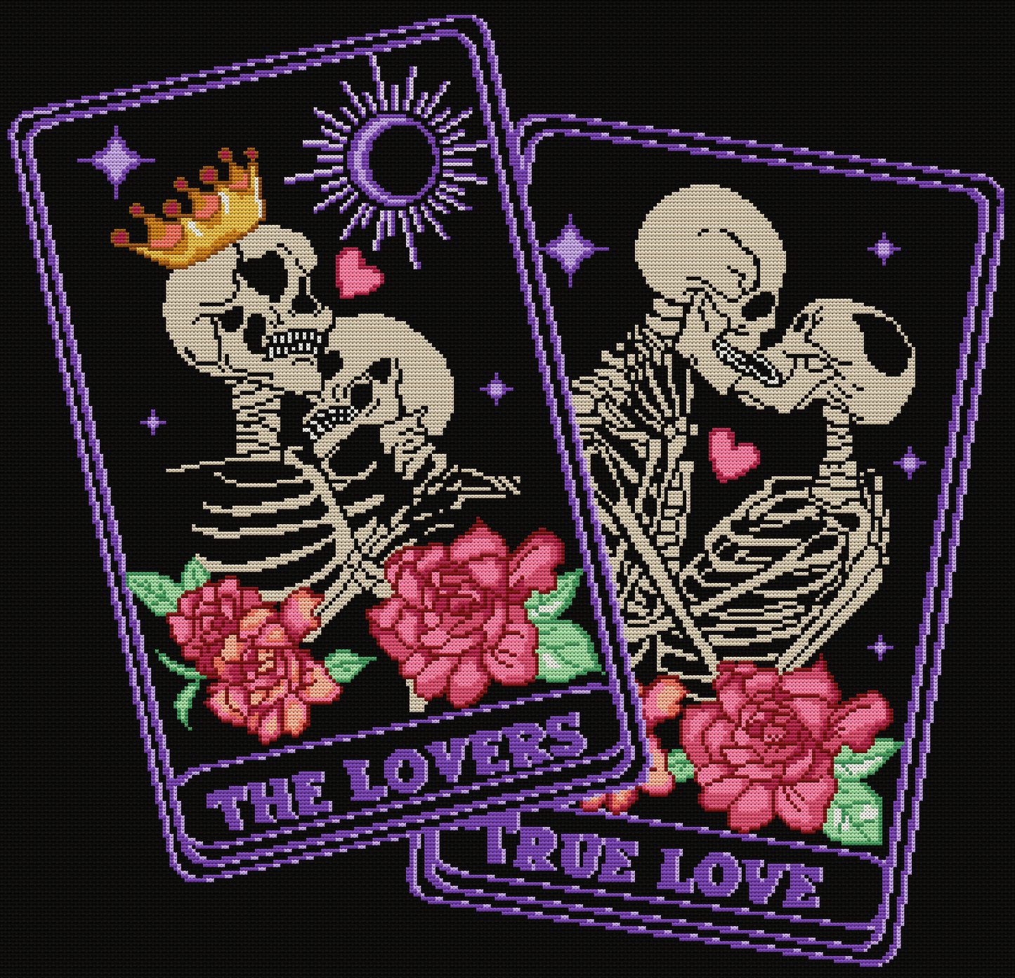 Skeleton Lovers Tarot Cross Stitch Pattern - Black Fabric Version