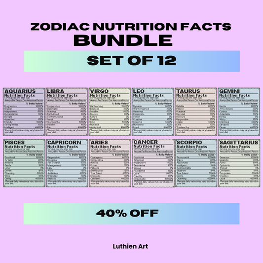 Set of 12 BUNDLE Zodiac Nutrition Facts Cross Stitch Patterns