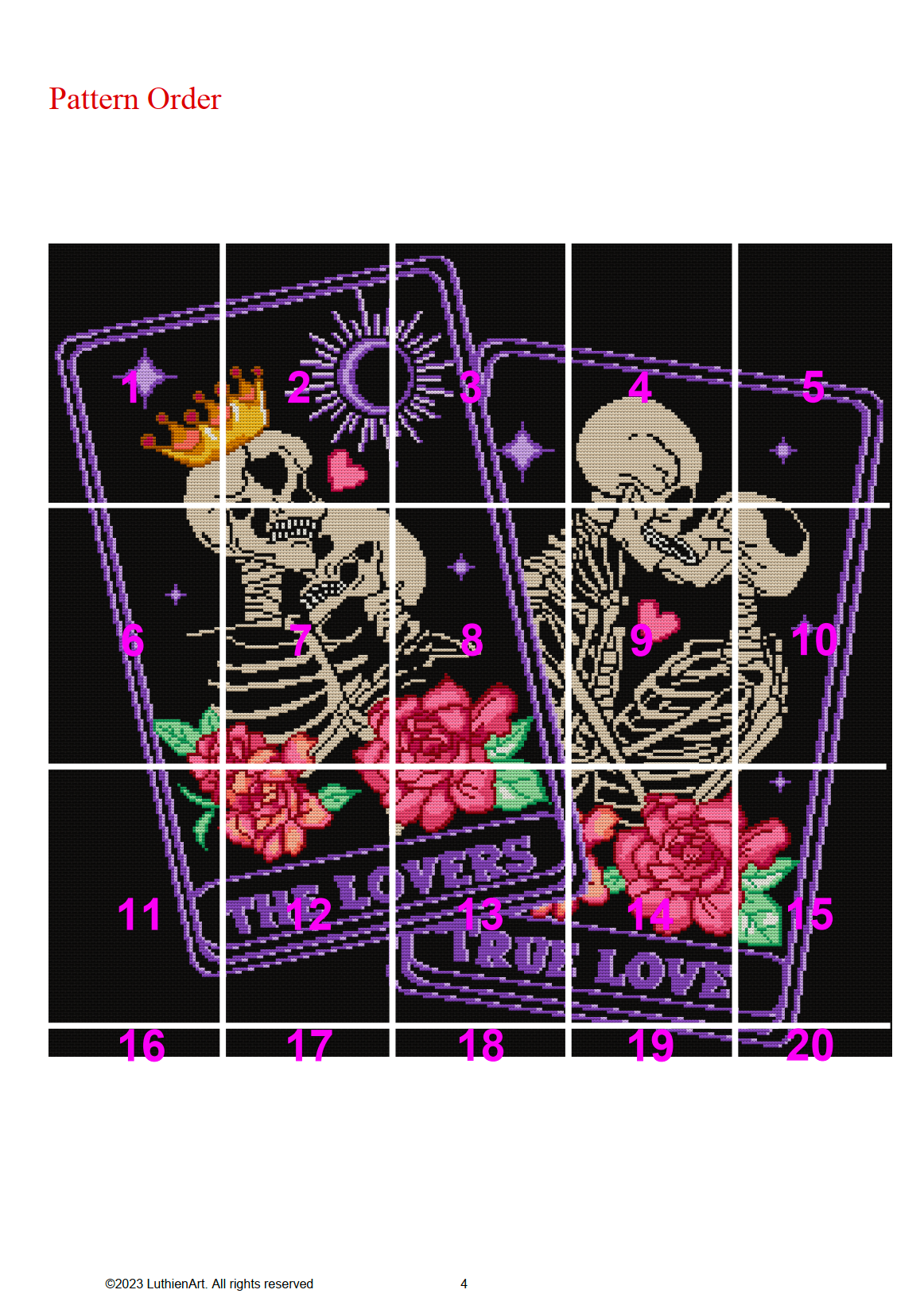 Skeleton Lovers Tarot Cross Stitch Pattern - Black Fabric Version