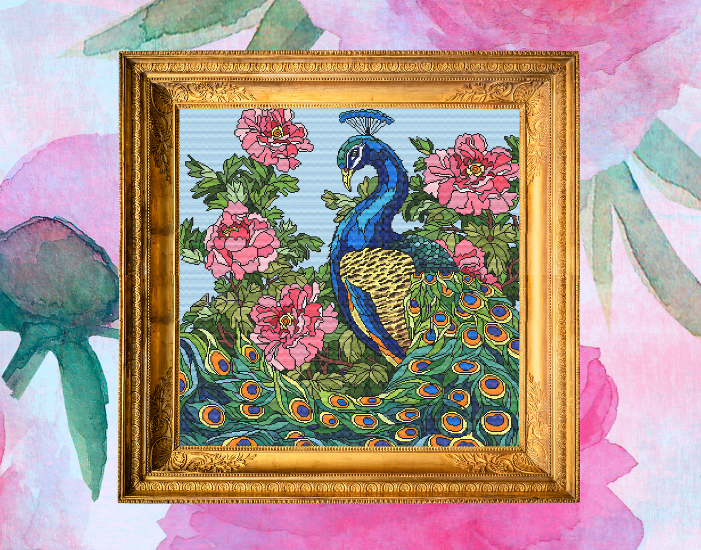 Peacock and Peonies Cross Stitch Chart