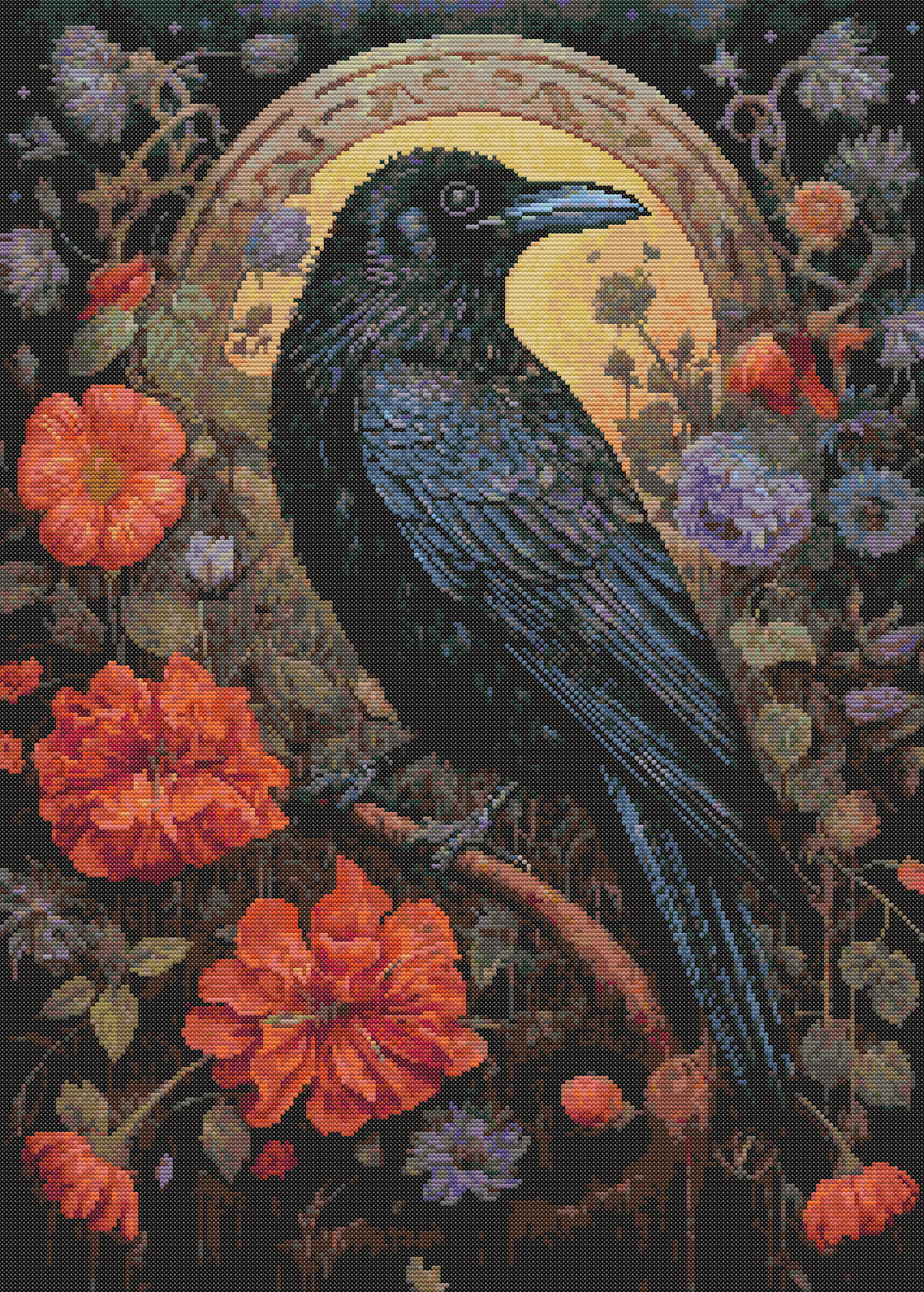 Gothic Botanical Animals Raven Cross Stitch Chart