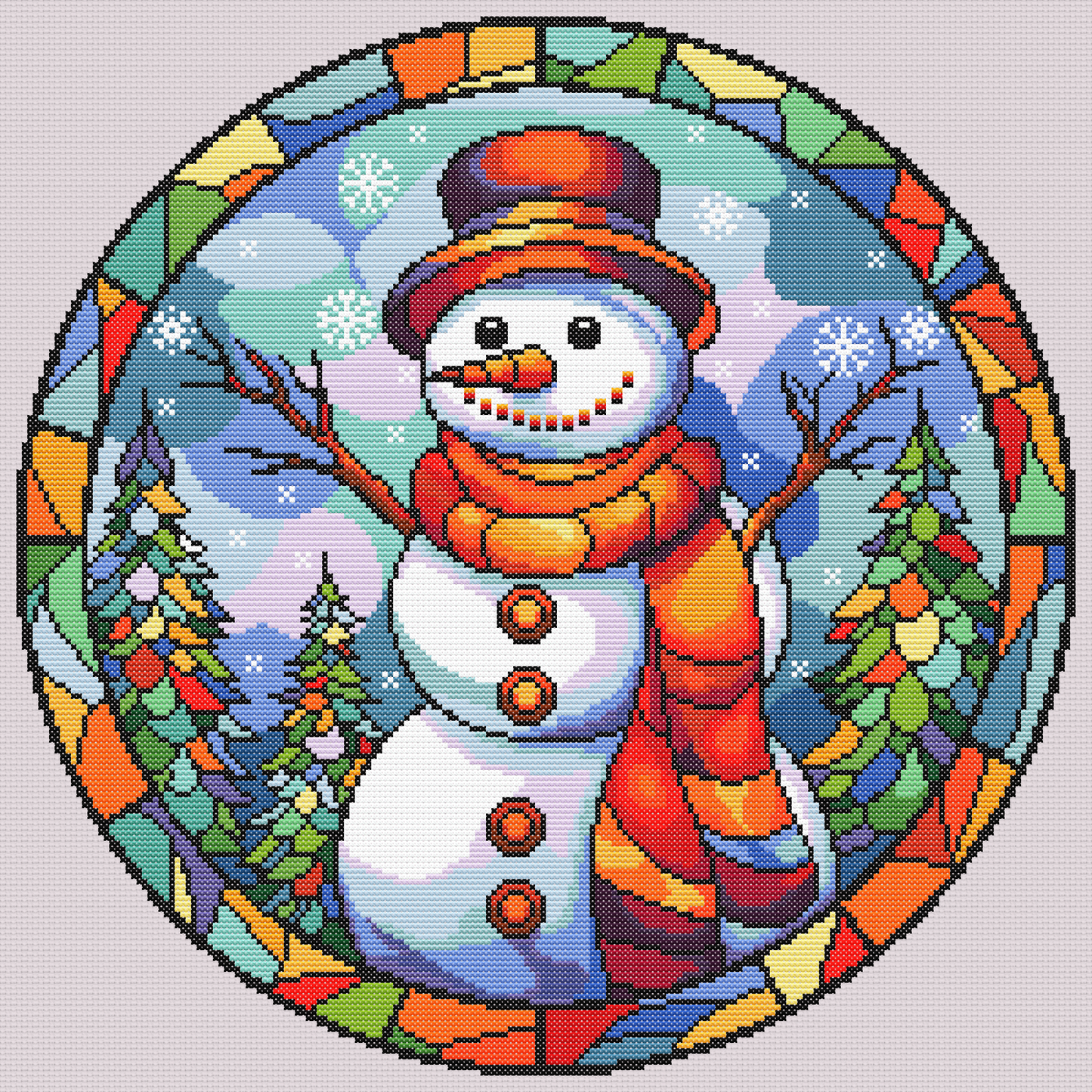 Stained Glass Snowman Christmas Cross Stitch Pattern